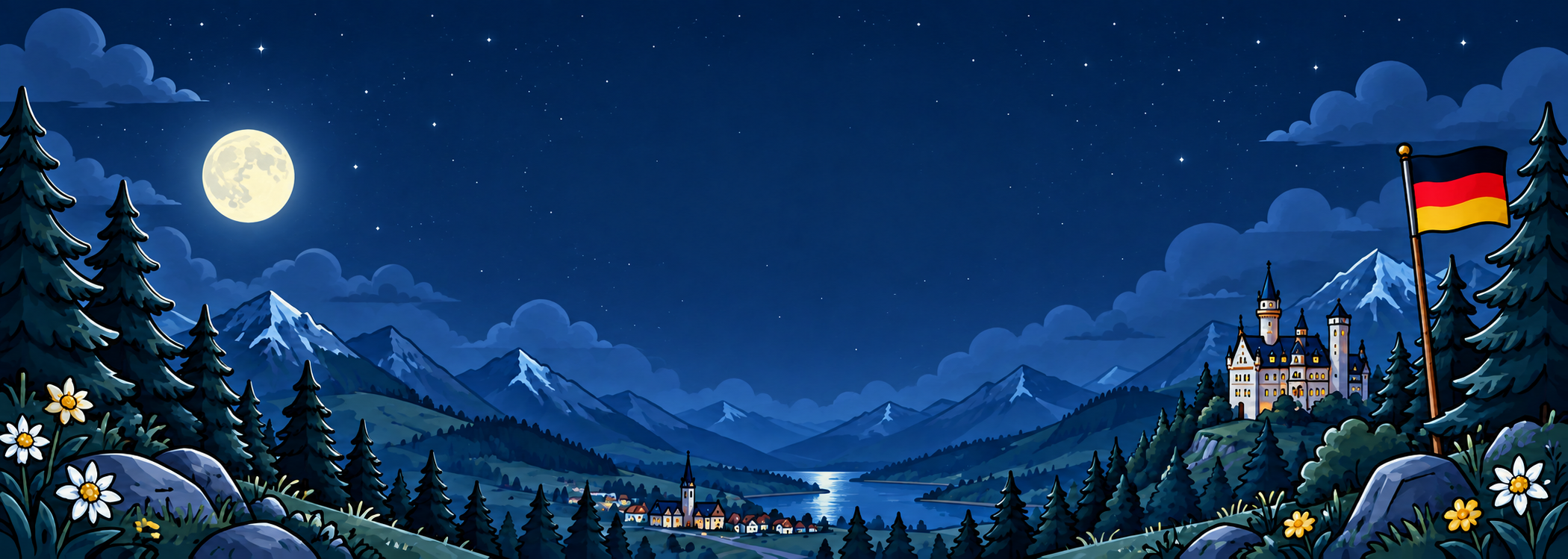 German mountain valley at night with moon, castle and flag