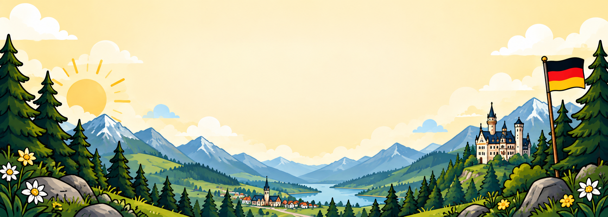 German mountain valley, castle and flag