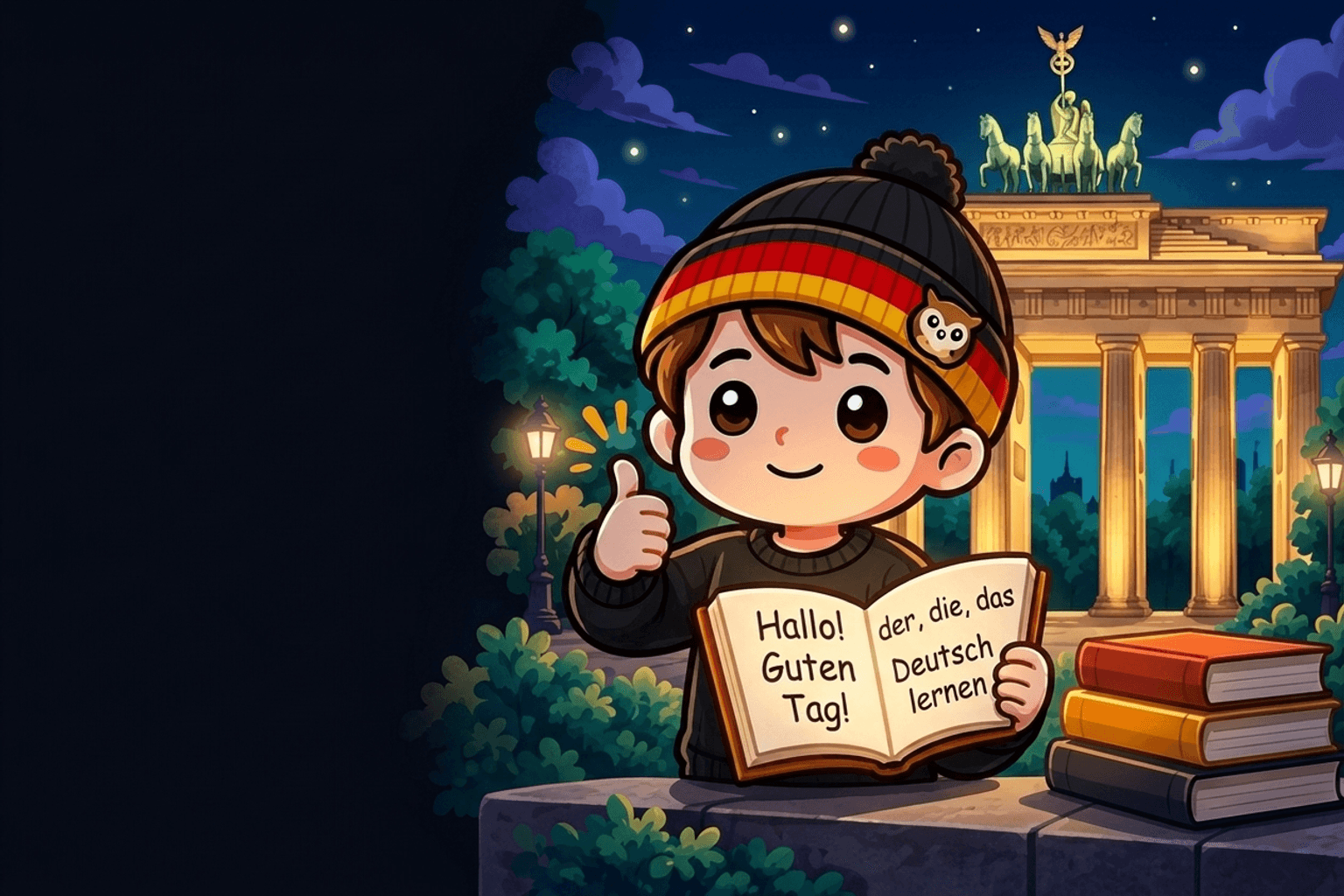 Berlin Brandenburg Gate at night with the Simple German Learn mascot