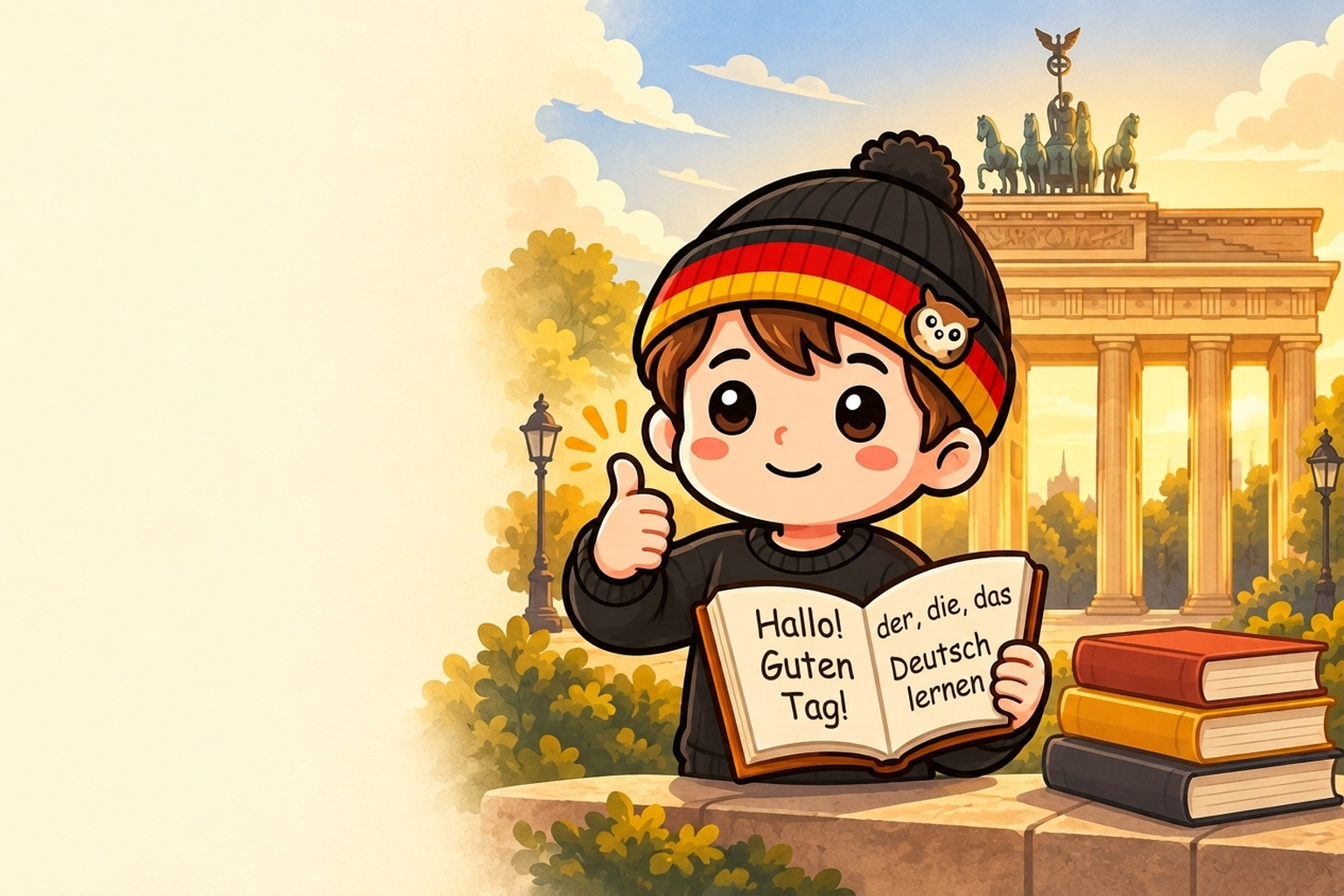 The Simple German Learn mascot studying in front of the Brandenburg Gate